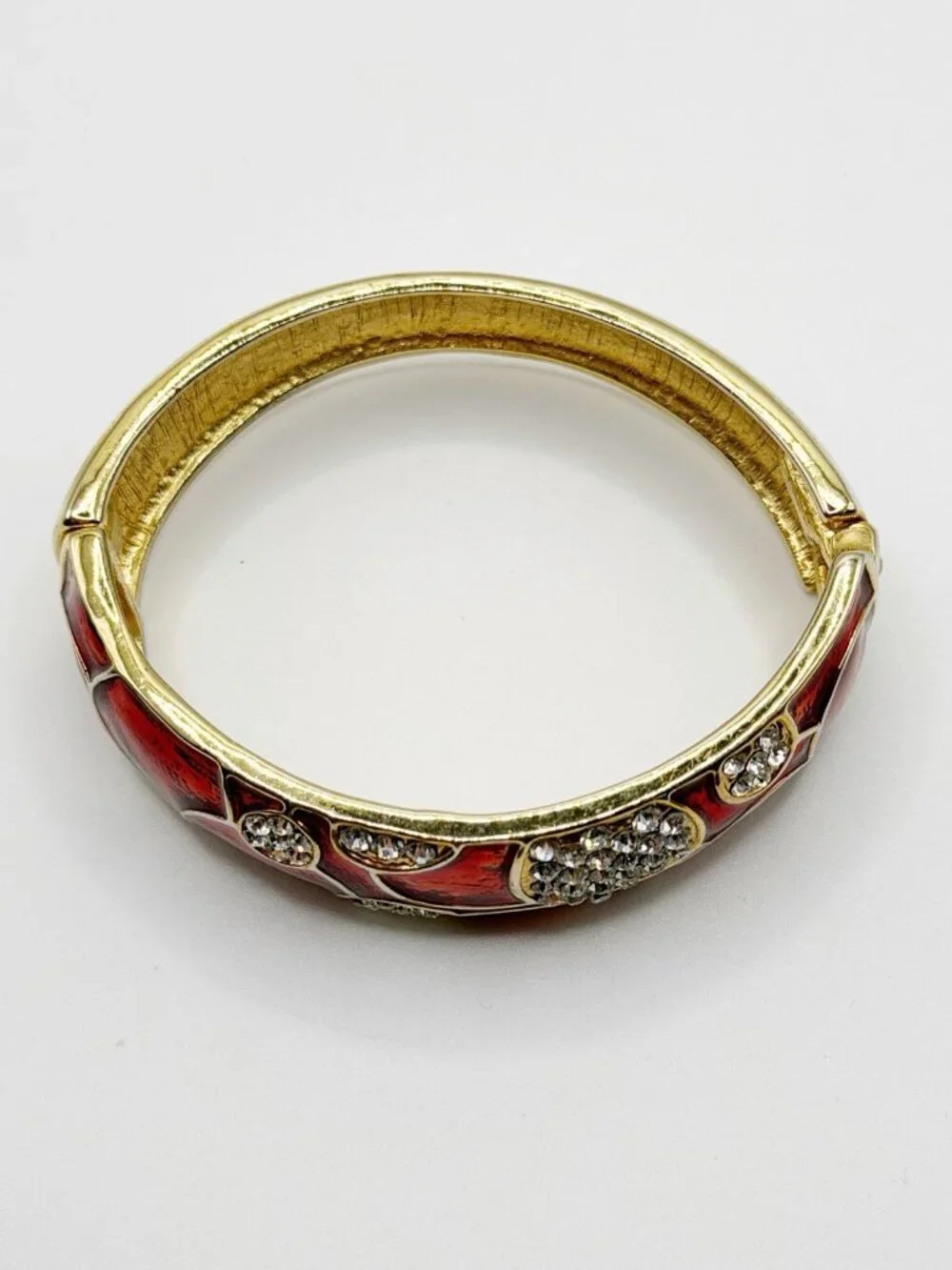 Red Enamel & Rhinestone Goldtone Clamper‎  Bracelet